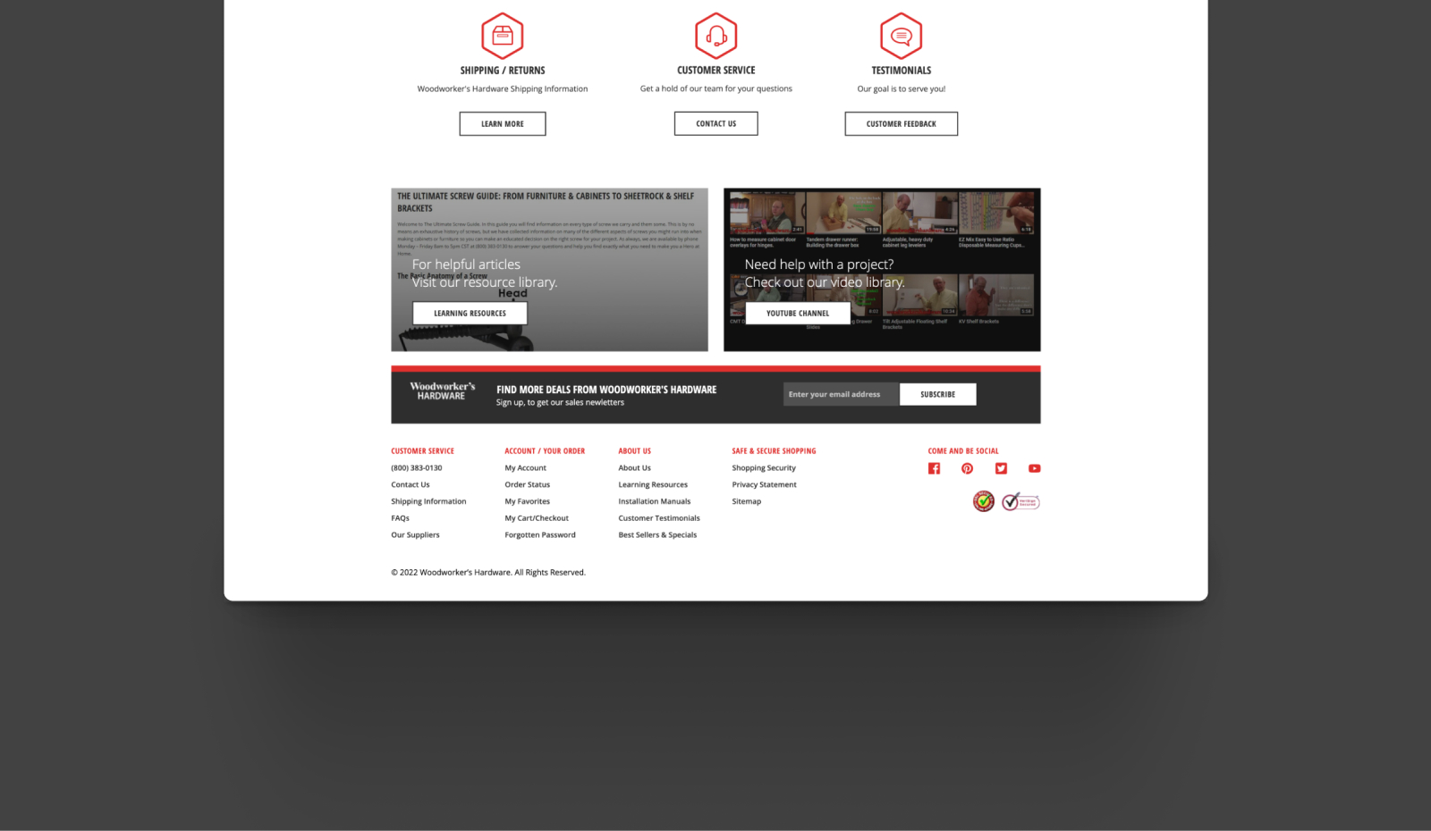 Woodworkers Hardware website bottom